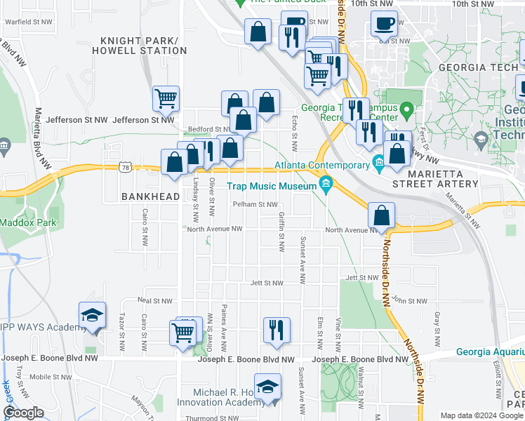 map of restaurants, bars, coffee shops, grocery stores, and more near 599 James P Brawley Drive Northwest in Atlanta