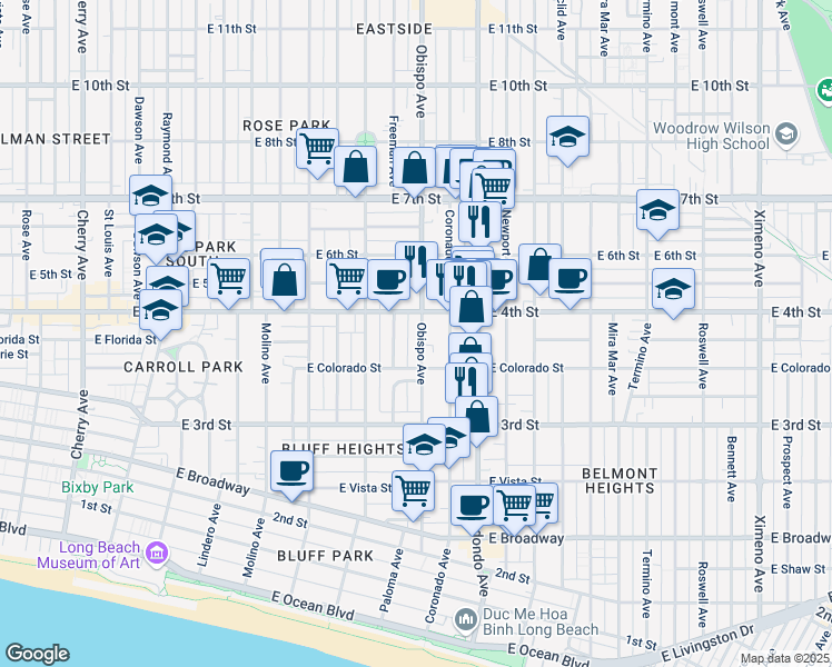 map of restaurants, bars, coffee shops, grocery stores, and more near 381 Obispo Avenue in Long Beach