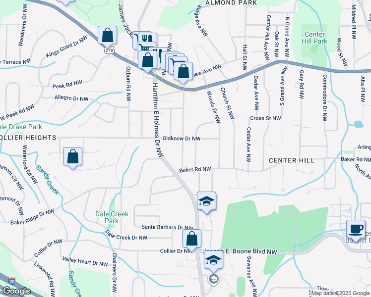 map of restaurants, bars, coffee shops, grocery stores, and more near 581 Commercial Avenue Northwest in Atlanta