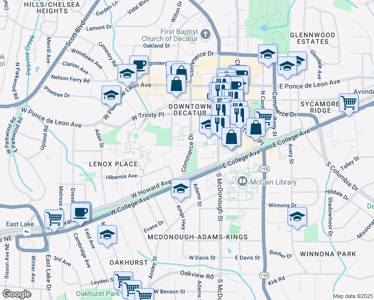 map of restaurants, bars, coffee shops, grocery stores, and more near 1510 Commerce Drive in Decatur
