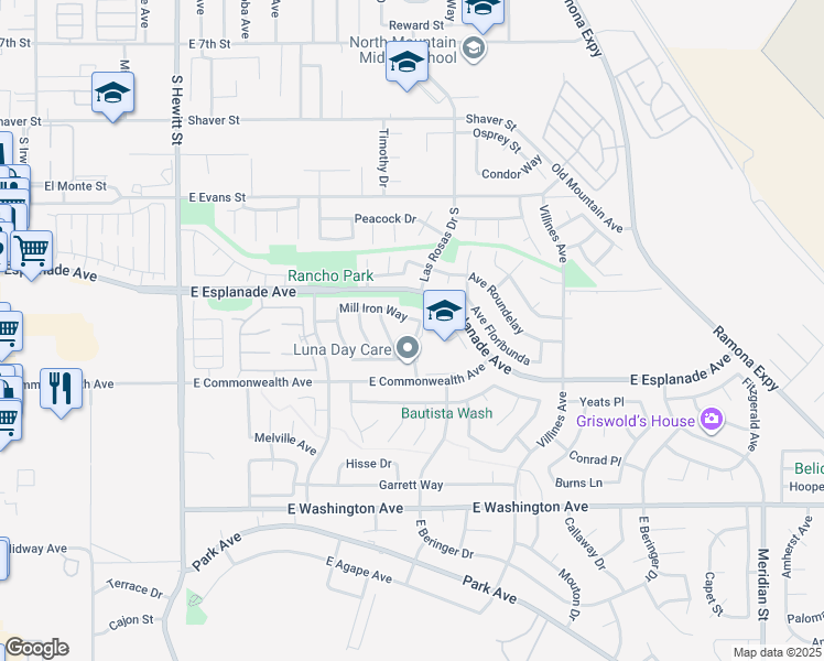 map of restaurants, bars, coffee shops, grocery stores, and more near 1636 Puentes Drive in San Jacinto