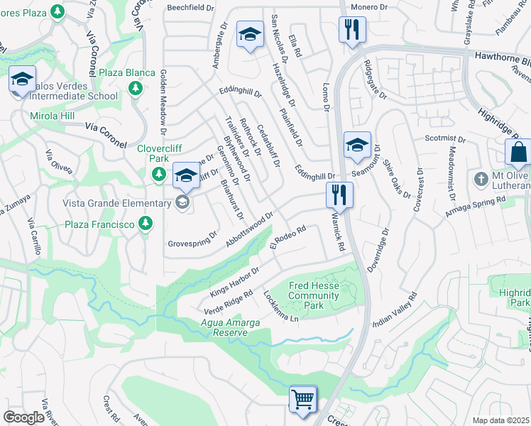 map of restaurants, bars, coffee shops, grocery stores, and more near 6719 Abbottswood Drive in Rancho Palos Verdes