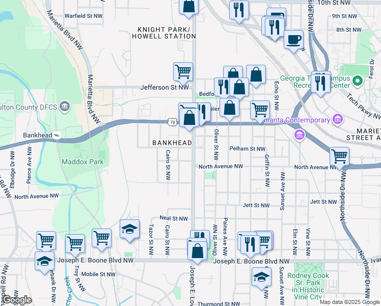 map of restaurants, bars, coffee shops, grocery stores, and more near 593 Joseph E. Lowery Boulevard Northwest in Atlanta