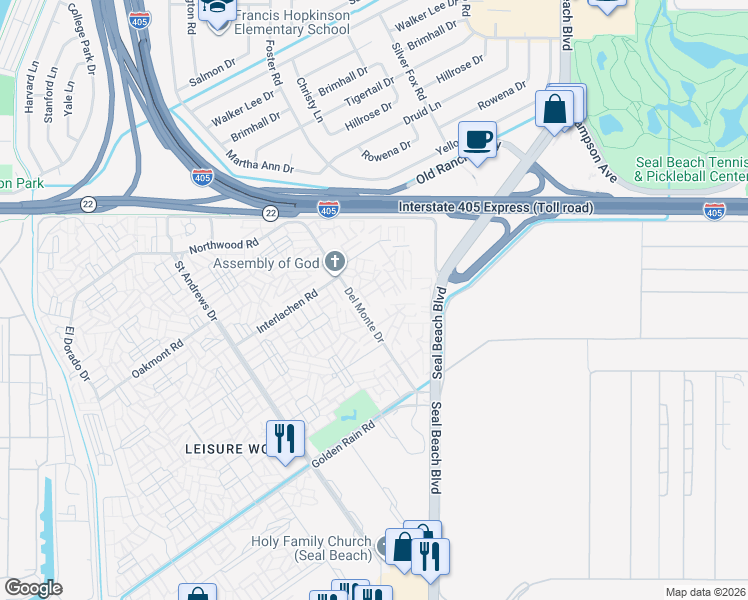 map of restaurants, bars, coffee shops, grocery stores, and more near 1851 McKinney Way in Seal Beach