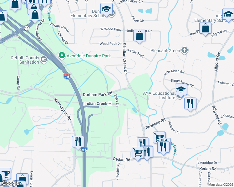 map of restaurants, bars, coffee shops, grocery stores, and more near 3955 Durham Park Road in Stone Mountain