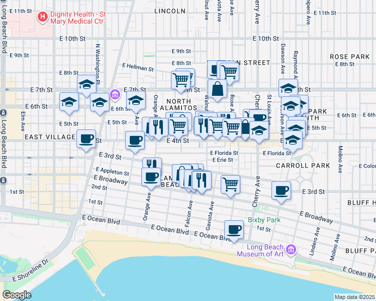 map of restaurants, bars, coffee shops, grocery stores, and more near 1429 East Florida Street in Long Beach
