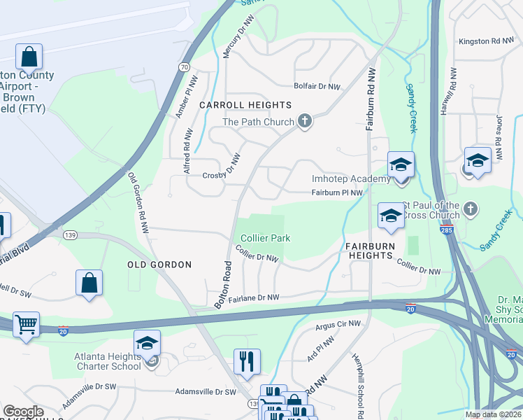 map of restaurants, bars, coffee shops, grocery stores, and more near 641 Bolton Road Northwest in Atlanta