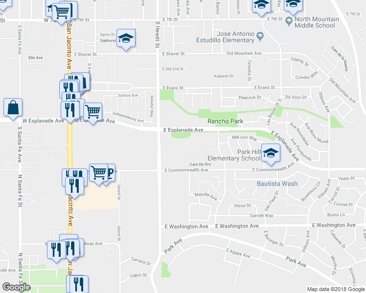 map of restaurants, bars, coffee shops, grocery stores, and more near 1632 Ametista Drive in San Jacinto