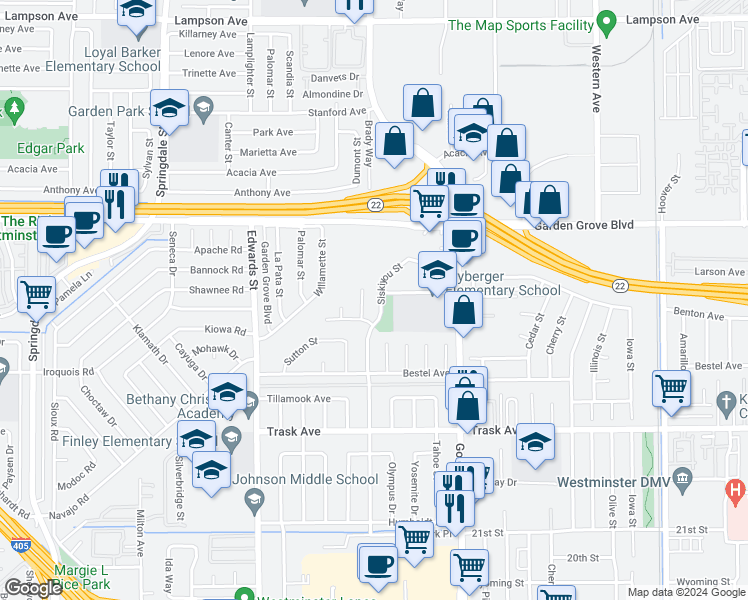 map of restaurants, bars, coffee shops, grocery stores, and more near 13171 Siskiyou Street in Westminster