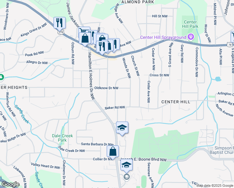 map of restaurants, bars, coffee shops, grocery stores, and more near 2584 Hood Avenue Northwest in Atlanta