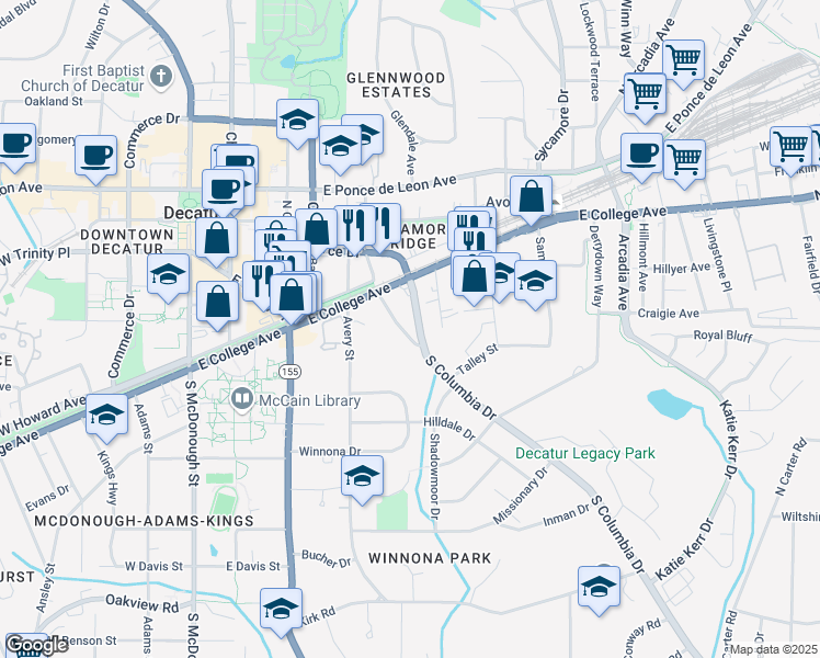 map of restaurants, bars, coffee shops, grocery stores, and more near 144 South Columbia Drive in Decatur