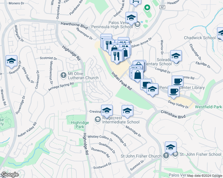 map of restaurants, bars, coffee shops, grocery stores, and more near 74 Aspen Way in Rolling Hills Estates