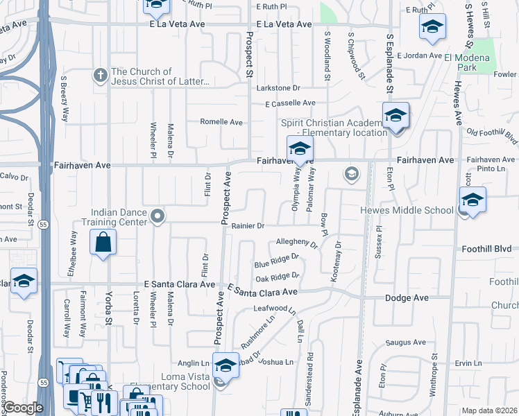 map of restaurants, bars, coffee shops, grocery stores, and more near 13151 Shasta Way in Santa Ana