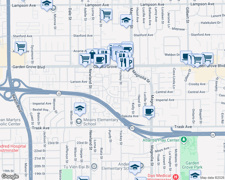 map of restaurants, bars, coffee shops, grocery stores, and more near 13191 Raleigh Court in Garden Grove