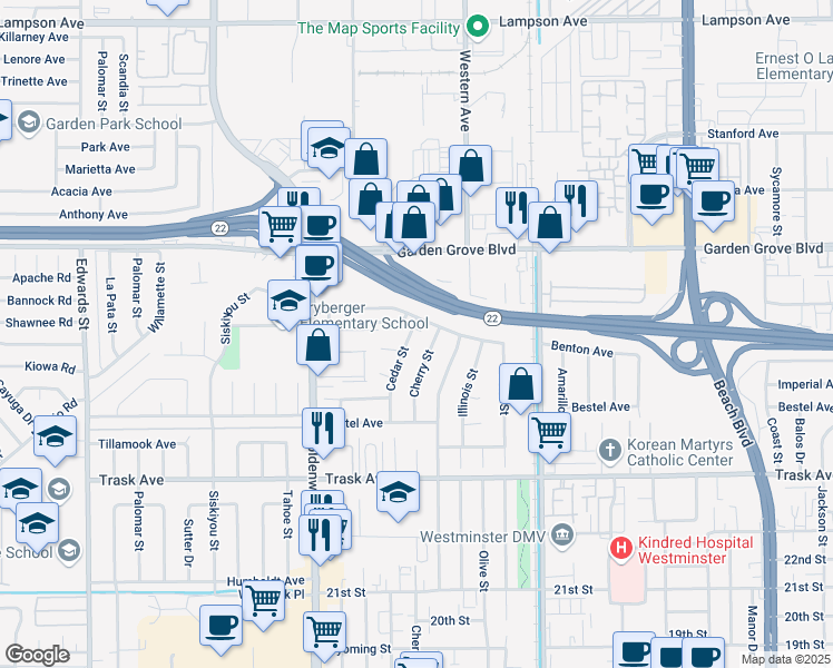 map of restaurants, bars, coffee shops, grocery stores, and more near 13154 Cedar Street in Westminster