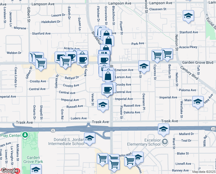 map of restaurants, bars, coffee shops, grocery stores, and more near 13211 Brookhurst Street in Garden Grove