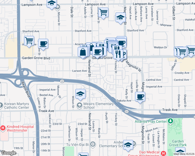 map of restaurants, bars, coffee shops, grocery stores, and more near 13182 Jason Court in Garden Grove