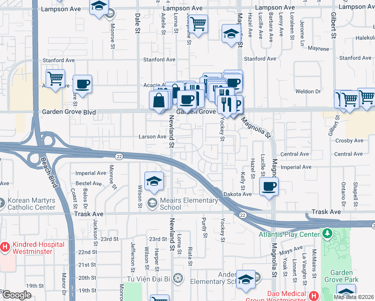 map of restaurants, bars, coffee shops, grocery stores, and more near 13182 Jason Court in Garden Grove