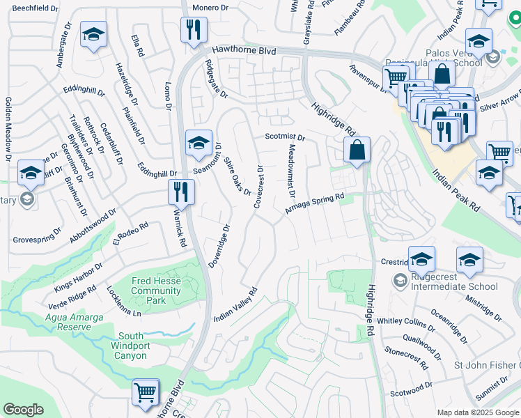 map of restaurants, bars, coffee shops, grocery stores, and more near 28744 Covecrest Drive in Rancho Palos Verdes