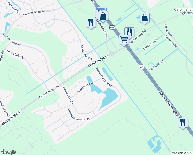 map of restaurants, bars, coffee shops, grocery stores, and more near 708 Wincrest Court in Conway