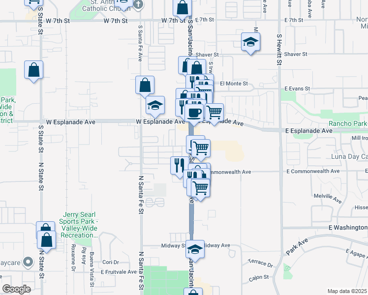 map of restaurants, bars, coffee shops, grocery stores, and more near 1600 South San Jacinto Avenue in San Jacinto