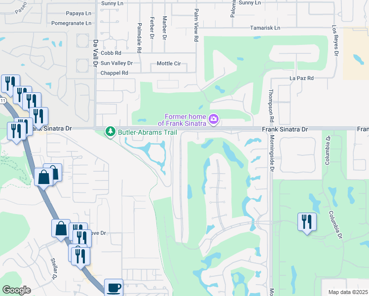 map of restaurants, bars, coffee shops, grocery stores, and more near 33 Mayfair Drive in Rancho Mirage