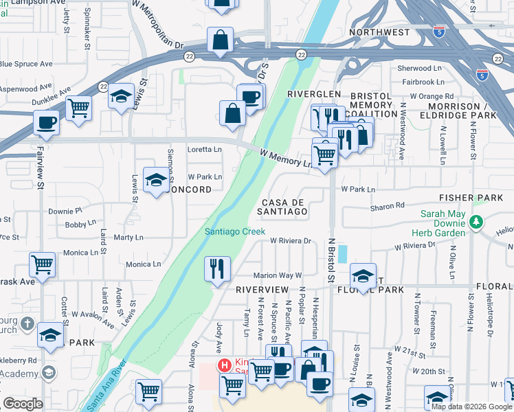 map of restaurants, bars, coffee shops, grocery stores, and more near 2518 Alona Street in Santa Ana