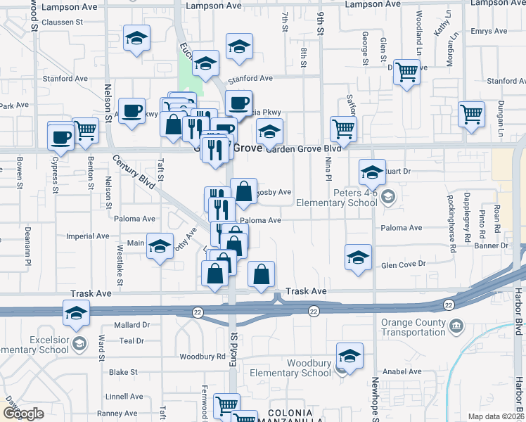 map of restaurants, bars, coffee shops, grocery stores, and more near 11112 Sherman Avenue in Garden Grove