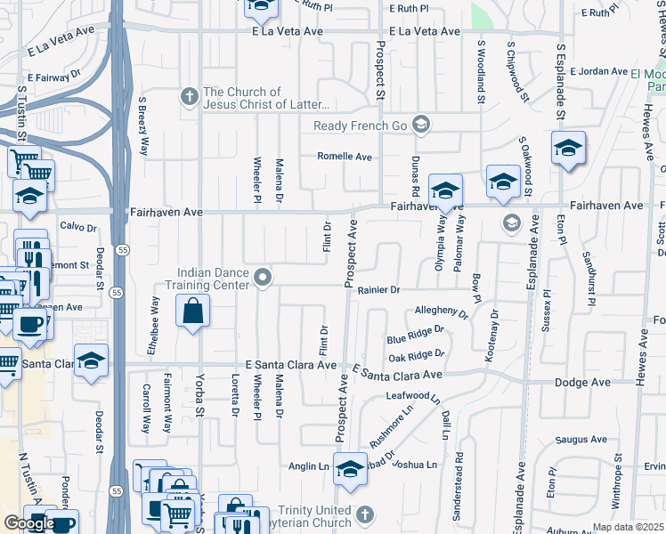 map of restaurants, bars, coffee shops, grocery stores, and more near 13172 Flint Drive in Santa Ana
