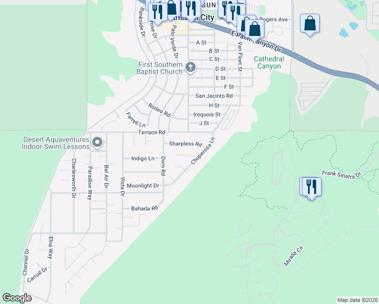 map of restaurants, bars, coffee shops, grocery stores, and more near 68580 Nightingale Road in Cathedral City