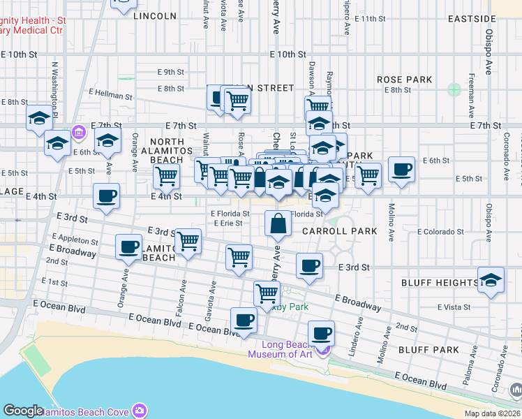 map of restaurants, bars, coffee shops, grocery stores, and more near in Long Beach