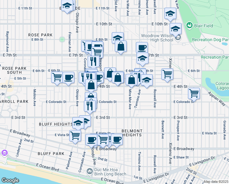 map of restaurants, bars, coffee shops, grocery stores, and more near 3707 East Vermont Street in Long Beach