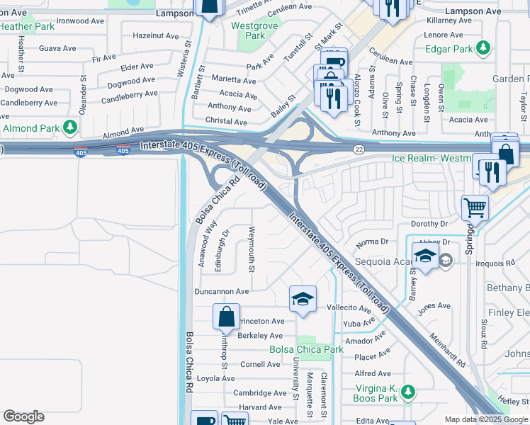 map of restaurants, bars, coffee shops, grocery stores, and more near 5232 Stratford Avenue in Westminster