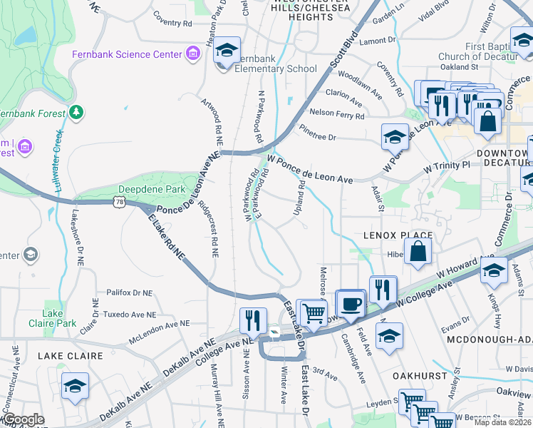 map of restaurants, bars, coffee shops, grocery stores, and more near 176 East Parkwood Road in Decatur