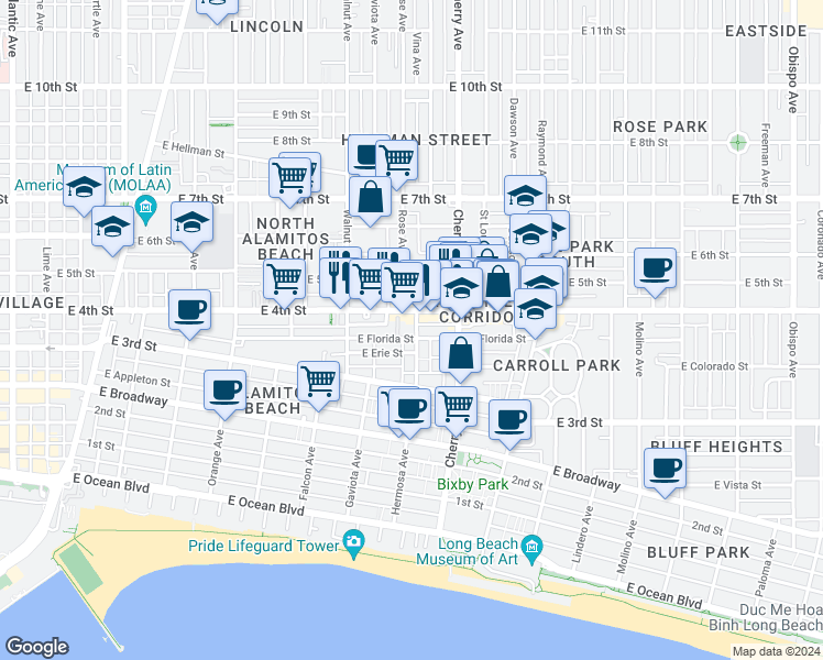 map of restaurants, bars, coffee shops, grocery stores, and more near 349 Hermosa Avenue in Long Beach
