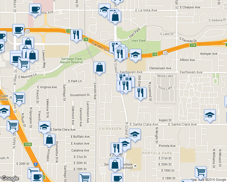map of restaurants, bars, coffee shops, grocery stores, and more near 2517 North Hathaway Street in Santa Ana