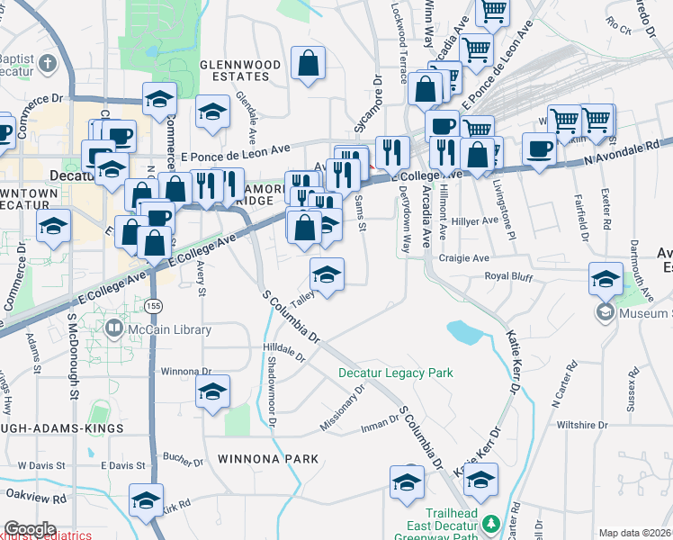 map of restaurants, bars, coffee shops, grocery stores, and more near 2634 Talley Street in Decatur