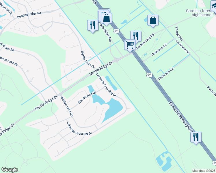 map of restaurants, bars, coffee shops, grocery stores, and more near 133 Walden Lake Road in Conway