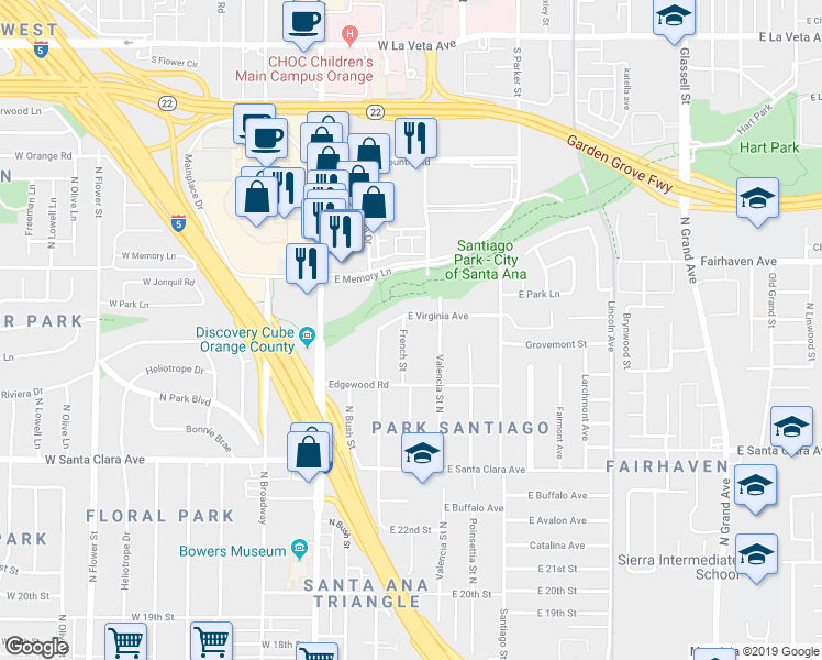map of restaurants, bars, coffee shops, grocery stores, and more near 2543 French Street in Santa Ana