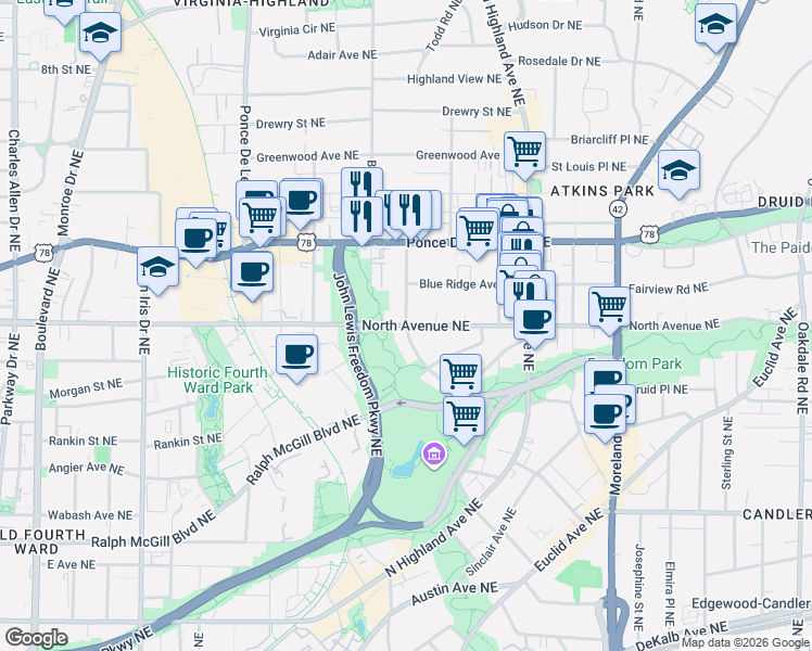 map of restaurants, bars, coffee shops, grocery stores, and more near North Avenue Northeast in Atlanta