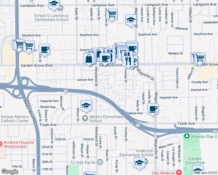 map of restaurants, bars, coffee shops, grocery stores, and more near 13175 Creek View Drive in Garden Grove