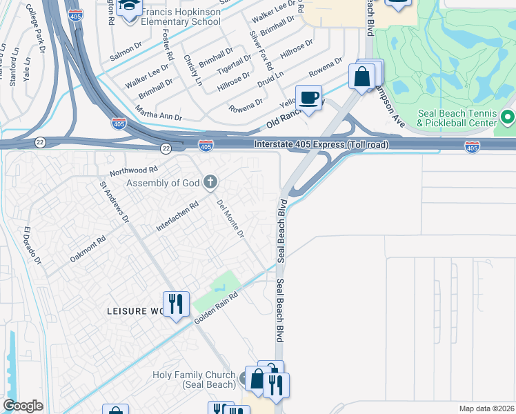 map of restaurants, bars, coffee shops, grocery stores, and more near 1880 McKinney Way in Seal Beach