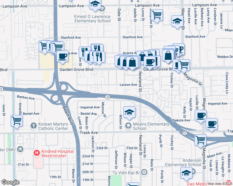 map of restaurants, bars, coffee shops, grocery stores, and more near 13182 Jefferson Street in Garden Grove