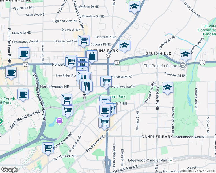 map of restaurants, bars, coffee shops, grocery stores, and more near Moreland Ave NE & North Avenue NE in Atlanta