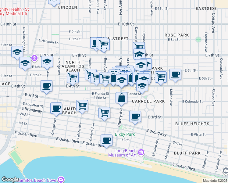 map of restaurants, bars, coffee shops, grocery stores, and more near 1905 East Florida Street in Long Beach