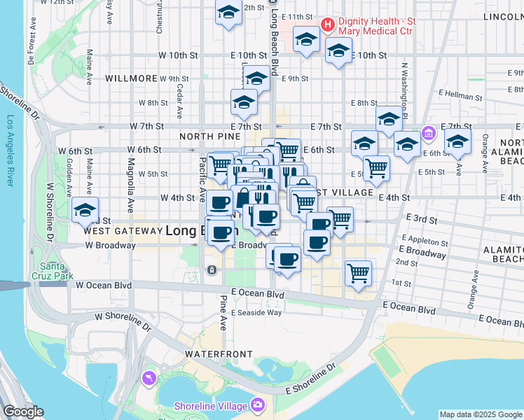map of restaurants, bars, coffee shops, grocery stores, and more near 301-399 Long Beach Boulevard in Long Beach