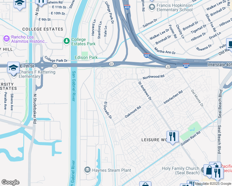 map of restaurants, bars, coffee shops, grocery stores, and more near 13261 Southport Lane in Seal Beach