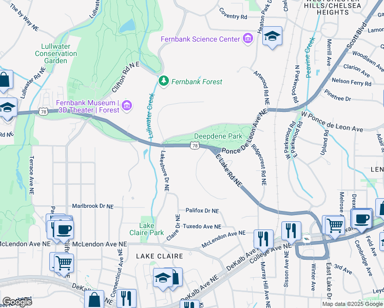 map of restaurants, bars, coffee shops, grocery stores, and more near 1985 Ponce De Leon Ave NE in Atlanta