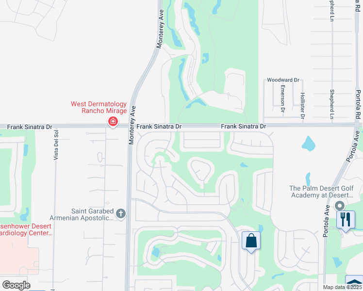 map of restaurants, bars, coffee shops, grocery stores, and more near 38211 Pigeon Springs Drive in Palm Desert