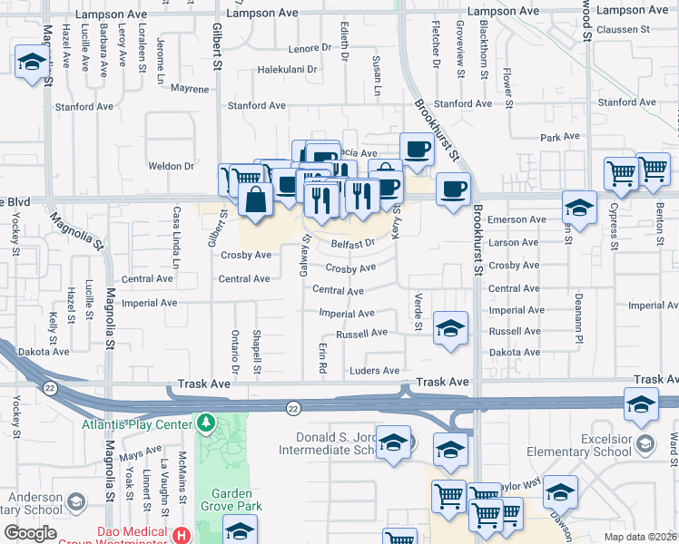 map of restaurants, bars, coffee shops, grocery stores, and more near 9662 Crosby Avenue in Garden Grove